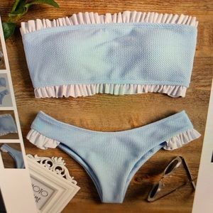 Zaful Ruffle Bandeau Bikini Set Sky Blue
